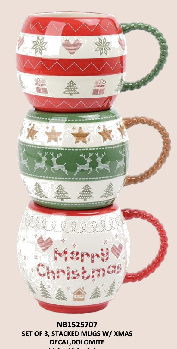 SET OF 3, STACKED MUGS with XMAS DECAL Size for single mug