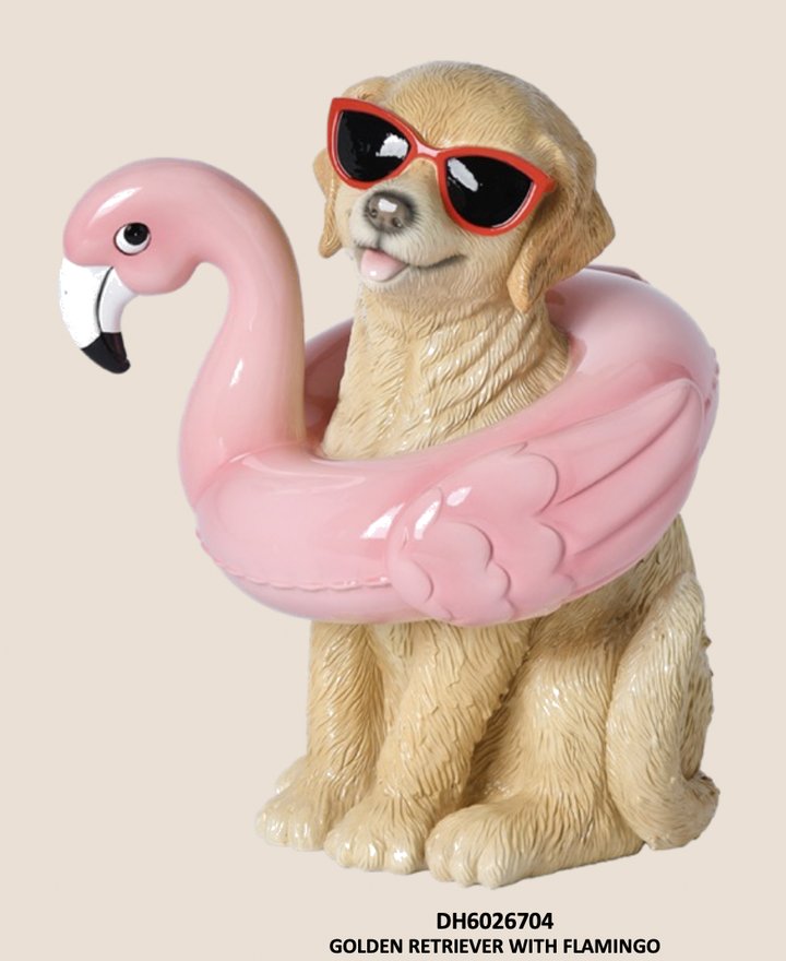 Golden Retriever With Flamingo Swim Ring 11