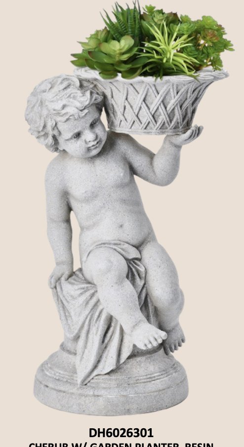 CHERUB with GARDEN PLANTER Artificial plant is for display only