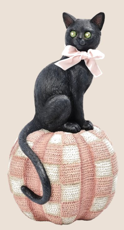 Black Cat On Woven Pumpkin with LED 7