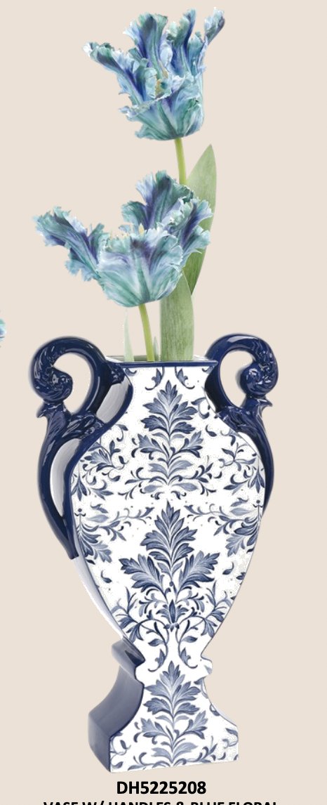 Vase with Handles & Blue Floral Decal 8